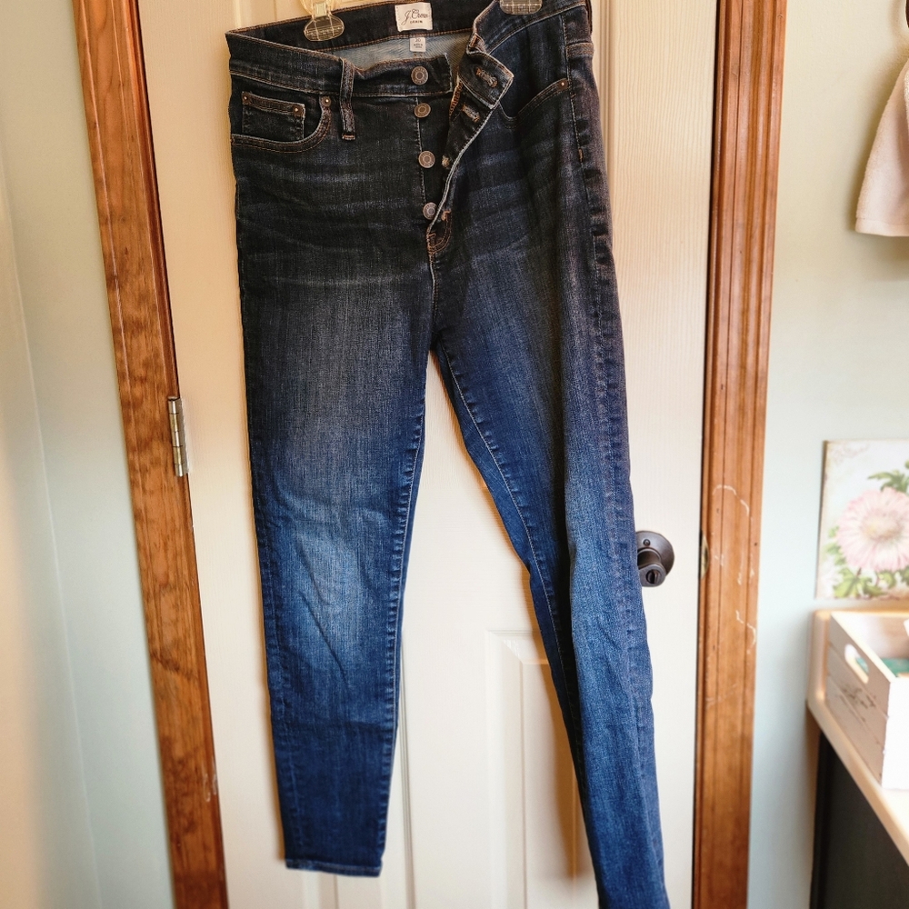 J. Crew dark Denim Jeans Button-front, 5-Pocket High-rise Toothpick Leg Sz 30 10